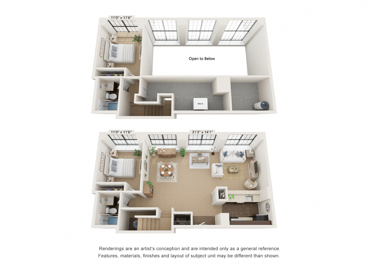 Floor plan for 2 beds, 2 baths, 1125 sqft